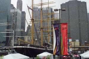 The tall ship Peking docked at South Street Seaport with Hong Kong Tourism banners, September 10, 2001, photographed by Jack Hartzman.