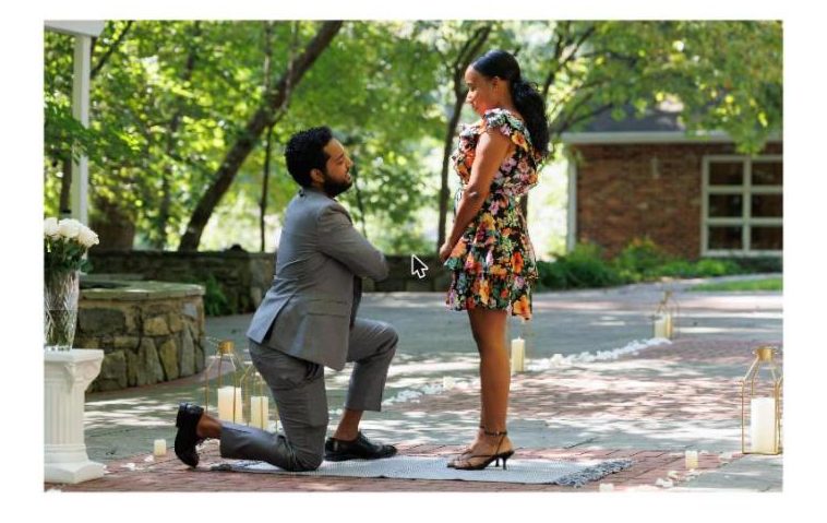 Daniel proposing to Alicia at Rockwood Manor Park in Potomac, Maryland